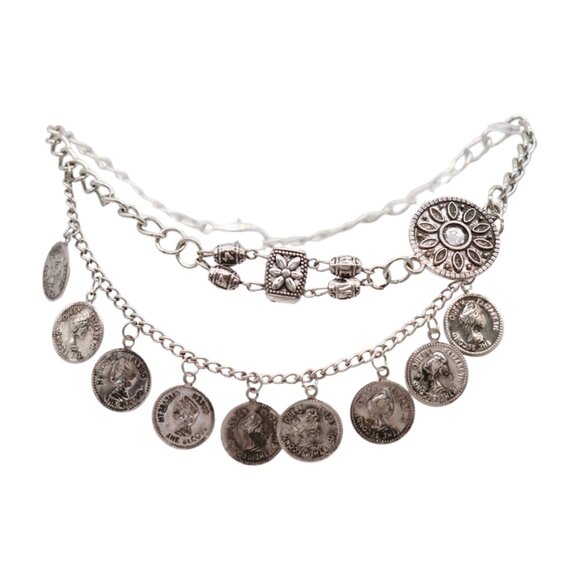 Women Silver Metal Boot Chain Bracelet Shoe Anklet Coin Wave Flower Charm SET - Picture 10 of 17